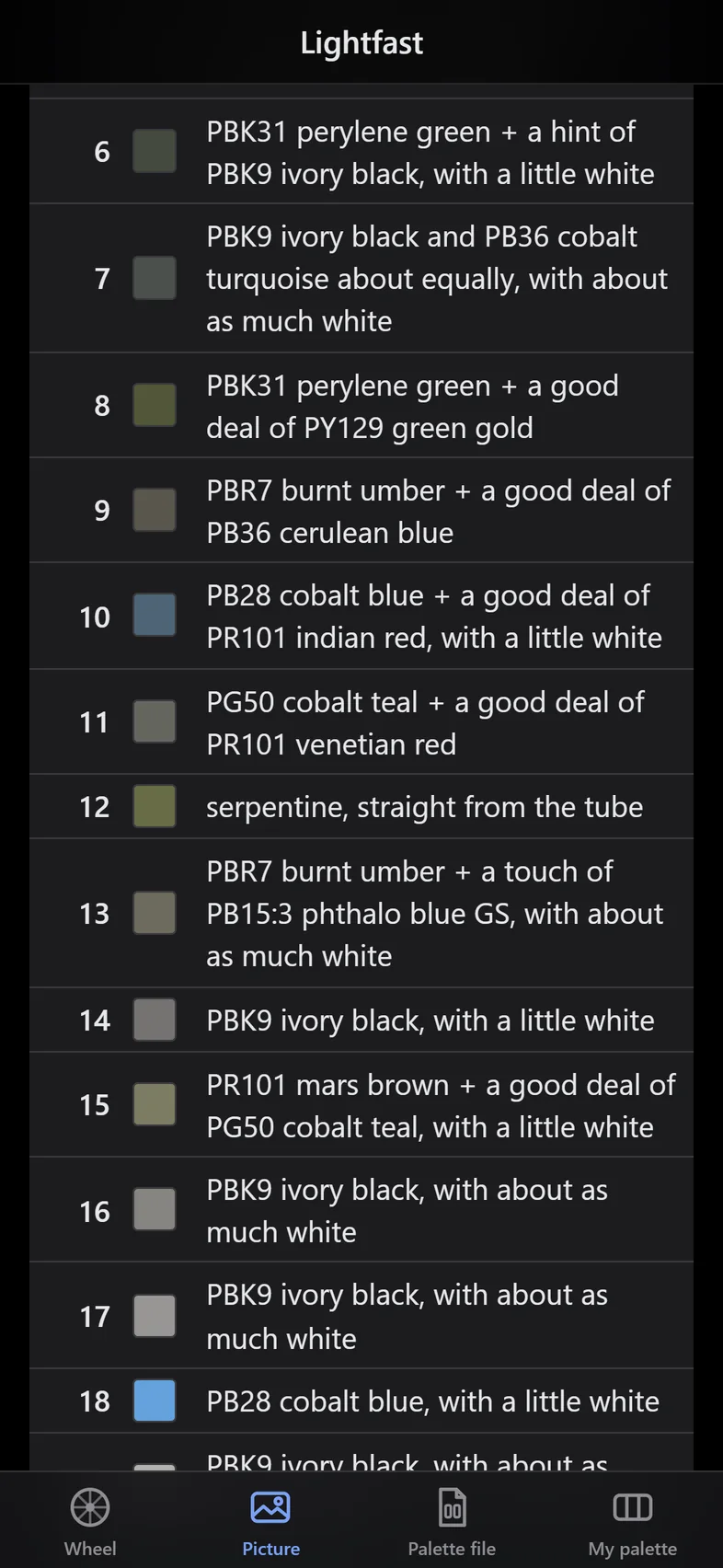 The recipe list: each number with the paints to mix, in plain words.